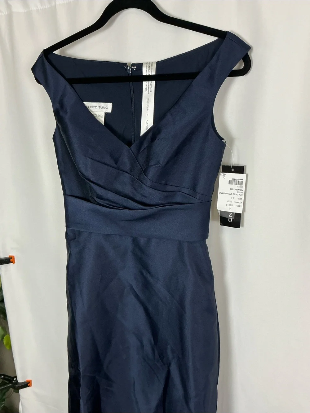 ALFRED SUNG Midnight Navy Off-the-Shoulder Satin Maxi Dress - Picture 3 of 8